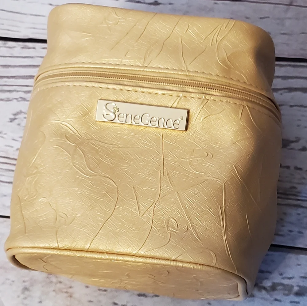 SeneGence gold vinyl mini train case makeup bag